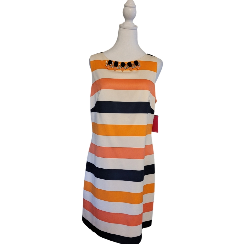 Vince Camuto Jeweled Neckline Striped Satin Shift Dress Sz 10 New With Tag - Picture 2 of 12